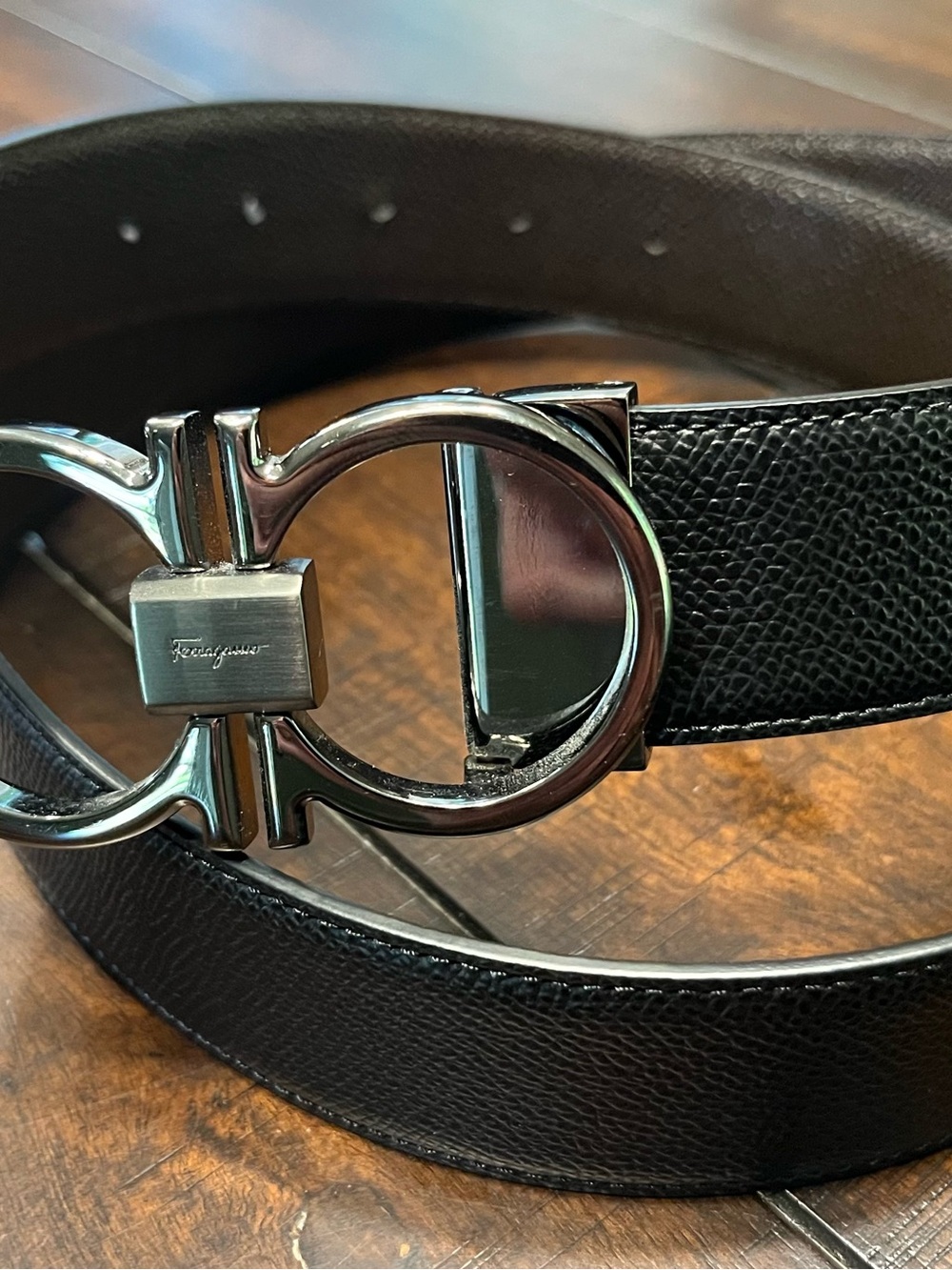 Salvatore Ferragamo Reversible and Adjustable Gancini Belt with Gunmetal Finish